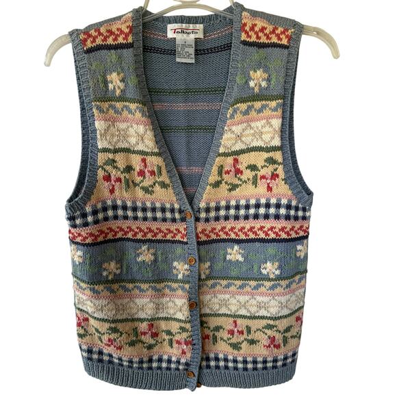 Talbots Sweaters - Talbots Size S Baby Blue knit Vest multicolor multi floral & geometric pattern